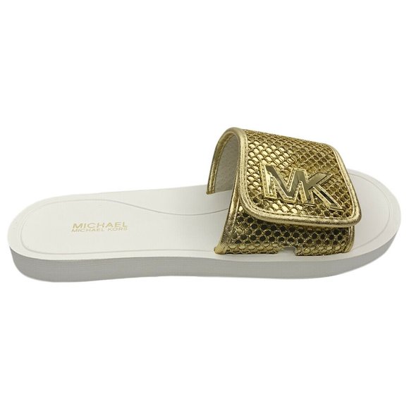 NWT MICHAEL KORS AUTHENTIC WOMEN'S WHITE GOLD SLIP ON SLIDES SANDALS SIZE 6 8 - Picture 4 of 6